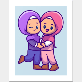 Couple Girl Moslem Celebrating Eid Mubarak Cartoon Posters and Art